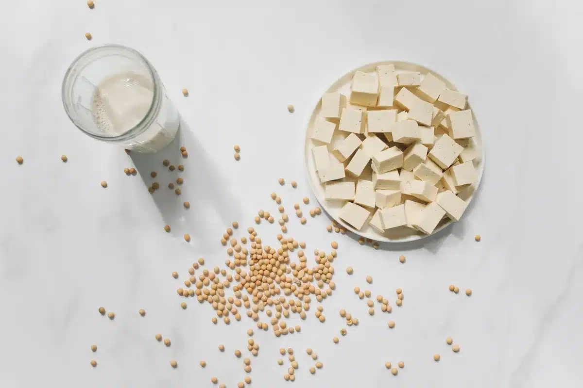 Aliments protéinés d'origine végétale : légumineuses, tofu et oléagineux sur une surface de bois