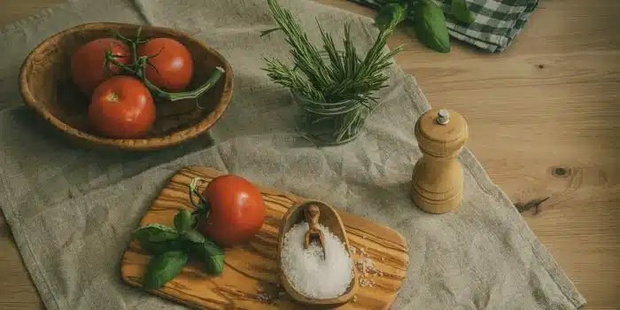 Table de cuisine en plein jour avec calculatrice et feuille de formules pour estimer le métabolisme