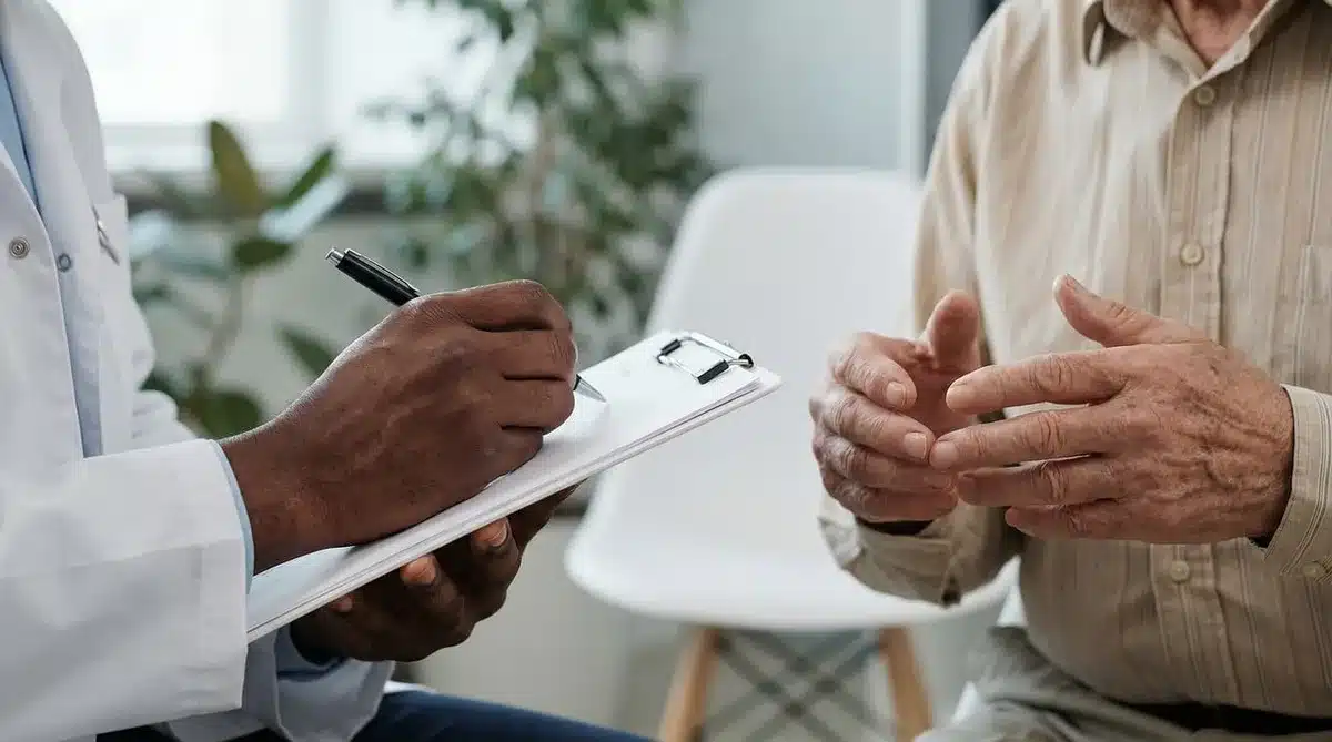 Femme enceinte discutant avec un professionnel de santé en consultation