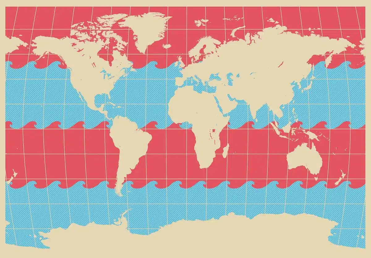 Carte du monde annotée montrant régions affectées par le changement climatique